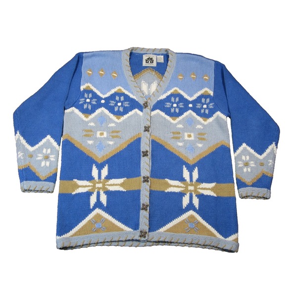Storybook Knits Cardigan L Blue Tan Nordic Snowflakes Granny Cozy Hygge Winter‎ - Picture 1 of 13